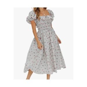 R.Vivimos Womens Summer Floral Print Puff Sleeves Vintage Ruffles Midi Dress
